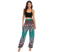 keephen Women's Baggy Thai Fisherman Yoga Pants Peacock Feather Pattern High Waist Trousers Holiday Harem Hippie Trousers