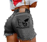 keephen Women's Denim Shorts Butterfly Print Denim Hot Pants Ripped Raw Hem Short Jeans Fashion Street Trend Hip Hop Cowboy Shorts with Pockets