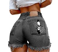 keephen Women's Denim Shorts Skull Print Denim Hot Pants Ripped Raw Hem Short Jeans Fashion Street Trend Hip Hop Cowboy Shorts with Pockets