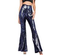 keephen Womens Glitter High Waisted Casual Flared Trousers Wide Leg Sexy Shiny Pants Dark Blue