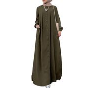 keephen Women's Kaftan Abayas Muslim Dress Long Sleeve Islamic Robe Button Up Maxi Dress ArmyGreen