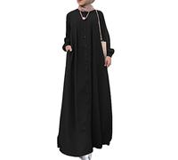 keephen Women's Kaftan Abayas Muslim Dress Long Sleeve Islamic Robe Button Up Maxi Dress Black
