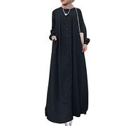 keephen Women's Kaftan Abayas Muslim Dress Long Sleeve Islamic Robe Button Up Maxi Dress Navy Blue