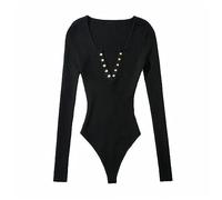 keephen Womens Long Sleeve Bodysuits,V-Neck Women's Bodysuits Thong, Row of Buttons Girl Button Down Bodysuit Solid Color Autumn and Winter New Women's Bodysuit Tops Black