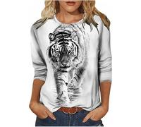 keephen Women's Tiger Printed T-Shirts Plus Size Casual 3/4 Sleeve Round Neck Pullover T-Shirt Tops
