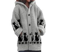keephenDE Autumn Winter Women's Long Cardigans Cute Cat Printed Hooded Overcoat Warm Knitted Button Up Sweater Coat Jacket Plus Size Ladies Outwear