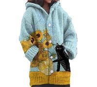 keephenDE Autumn Winter Women's Long Cardigans Cute Cat Printed Hooded Overcoat Warm Knitted Button Up Sweater Coat Jacket Plus Size Ladies Outwear