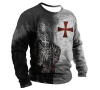 keephenDE Men's Fashion Casual Long Sleeve T-Shirt Knights Templar Crusaders Printed T-Shirt Retro Loose Round Neck Pullover Tops