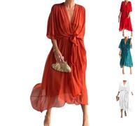 Keepholdon Dress,Casual Ruffle Short Sleeves Chiffon Empire Waist Dress,Womens Dresses for Beach Or Casual (Orange,L)