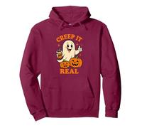 Keepin’ It Creepy Funny Halloween Ghost and Pumpkin Pullover Hoodie, Adult Unisex, Burgundy, Large