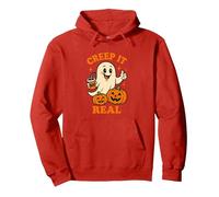Keepin’ It Creepy Funny Halloween Ghost and Pumpkin Pullover Hoodie, Adult Unisex, Red, X-Large