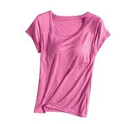 Keepink 1/2 PC Womens Tops with Built in Bras 2 in 1 Modal Basic Short Sleeve Shirts and Blouses Loose Casual Pullover Tee Ladies Summer Plus Size T Shirts Comfort Stretch Yoga Gym Top