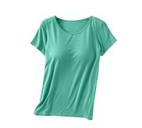 Keepink 1/2 PC Womens Tops with Built in Bras 2 in 1 Modal Basic Short Sleeve Shirts and Blouses Loose Casual Pullover Tee Ladies Summer Plus Size T Shirts Comfort Stretch Yoga Gym Top