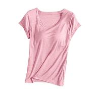 Keepink 1/2 PC Womens Tops with Built in Bras 2 in 1 Modal Basic Short Sleeve Shirts and Blouses Loose Casual Pullover Tee Ladies Summer Plus Size T Shirts Comfort Stretch Yoga Gym Top