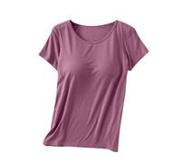 Keepink 1/2 PC Womens Tops with Built in Bras 2 in 1 Modal Basic Short Sleeve Shirts and Blouses Loose Casual Pullover Tee Ladies Summer Plus Size T Shirts Comfort Stretch Yoga Gym Top