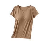 Keepink 1/2 PC Womens Tops with Built in Bras 2 in 1 Modal Basic Short Sleeve Shirts and Blouses Loose Casual Pullover Tee Ladies Summer Plus Size T Shirts Comfort Stretch Yoga Gym Top