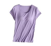 Keepink 1/2 PC Womens Tops with Built in Bras 2 in 1 Modal Basic Short Sleeve Shirts and Blouses Loose Casual Pullover Tee Ladies Summer Plus Size T Shirts Comfort Stretch Yoga Gym Top