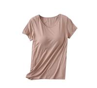 Keepink 1/2 PC Womens Tops with Built in Bras 2 in 1 Modal Basic Short Sleeve Shirts and Blouses Loose Casual Pullover Tee Ladies Summer Plus Size T Shirts Comfort Stretch Yoga Gym Top