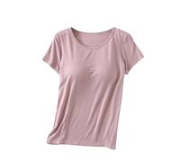 Keepink 1/2 PC Womens Tops with Built in Bras 2 in 1 Modal Basic Short Sleeve Shirts and Blouses Loose Casual Pullover Tee Ladies Summer Plus Size T Shirts Comfort Stretch Yoga Gym Top