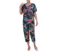 Keepink 2 Pack Summer Pajamas for Women Sets Casual Short Sleeve Tops with Cropped Pants Women's Activewear Set Trouser Suits Ladies Capri Pjs Outfits Plus Size 14-20 Elegant Clothes