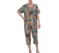 Keepink 2 Pack Summer Pajamas for Women Sets Casual Short Sleeve Tops with Cropped Pants Women's Activewear Set Trouser Suits Ladies Capri Pjs Outfits Plus Size 14-20 Elegant Clothes