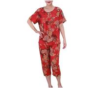 Keepink 2 Pack Summer Pajamas for Women Sets Casual Short Sleeve Tops with Cropped Pants Women's Activewear Set Trouser Suits Ladies Capri Pjs Outfits Plus Size 14-20 Elegant Clothes