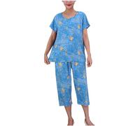 Keepink 2 Pack Summer Pajamas for Women Sets Casual Short Sleeve Tops with Cropped Pants Women's Activewear Set Trouser Suits Ladies Capri Pjs Outfits Plus Size 14-20 Elegant Clothes