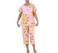 Keepink 2 Pack Summer Pajamas for Women Sets Casual Short Sleeve Tops with Cropped Pants Women's Activewear Set Trouser Suits Ladies Capri Pjs Outfits Plus Size 14-20 Elegant Clothes