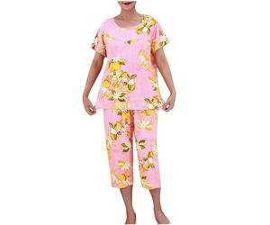 Keepink 2 Pack Summer Pajamas for Women Sets Casual Short Sleeve Tops with Cropped Pants Women's Activewear Set Trouser Suits Ladies Capri Pjs Outfits Plus Size 14-20 Elegant Clothes