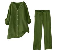 Keepink 2 Piece Linen Outfit Women Solid Long Sleeve Button Up Shirts + Wide Leg Trousers Lounge Wear Loose Activewear Ladies Tracksuits for Going Out Holiday Clearance Plus Size 8-22