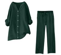 Keepink 2 Piece Linen Outfit Women Solid Long Sleeve Button Up Shirts + Wide Leg Trousers Lounge Wear Loose Activewear Ladies Tracksuits for Going Out Holiday Clearance Plus Size 8-22