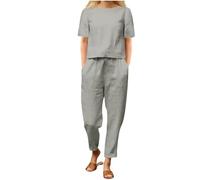 Keepink 2 Piece Outfits Women Summer Linen Co Ords Sets Loose Fit Round Neck Short Sleeve T-Shirt and Pants Tracksuit Set Tops + Wide Leg Joggers Loungewear UK Plus Size 8-22