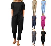 Keepink 2 Piece Outfits Women Summer Linen Co Ords Sets Loose Fit Round Neck Short Sleeve T-Shirt and Pants Tracksuit Set Tops + Wide Leg Joggers Loungewear UK Plus Size 8-22