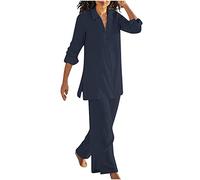 Keepink 2 Piece Outfits Women Tracksuits Casual Solid Cotton Linen Blouse and Trousers Sets Long Sleeve V Neck Tops+Loose Wide Leg Long Pants Sets Baggy Oversized Loungesuits