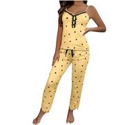 Keepink 2 Piece Pjs for Women Sets Heart Print Camisole Spaghetti Strap Tops with Long Pants Loose Loungewear Sofy Comfy Cami Set for Relaxed Sleep Ladies Activewear Sets Homewear