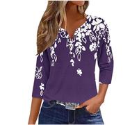 Keepink 3/4 Length Sleeve Womens Tops Button Down Henley Neck T Shirts Fashion Printed Casual Blouse Dressy Shirts Work Office Tshirt Summer Fall Top Plus Size Blouses 8-18 UK Sale