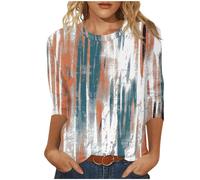 Keepink 3/4 Length Sleeve Womens Tops Crew Neck Loose Fit Shirts Cute Printed Striped Pullover T-Shirt Dressy Casual Top Summer Tunics Blouses Holiday Work Clothes Plus Size S-5XL Sale