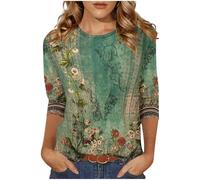 Keepink 3/4 Length Sleeve Womens Tops Crew Neck Loose Fit Shirts Cute Printed Striped Pullover T-Shirt Dressy Casual Top Summer Tunics Blouses Holiday Work Clothes Plus Size S-5XL Sale
