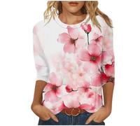 Keepink 3/4 Length Sleeve Womens Tops Crew Neck Loose Fit Shirts Cute Printed Striped Pullover T-Shirt Dressy Casual Top Summer Tunics Blouses Holiday Work Clothes Plus Size S-5XL Sale