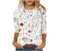 Keepink 3/4 Length Sleeve Womens Tops Crew Neck Loose Fit Shirts Cute Printed Striped Pullover T-Shirt Dressy Casual Top Summer Tunics Blouses Holiday Work Clothes Plus Size S-5XL Sale