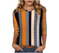 Keepink 3/4 Length Sleeve Womens Tops Crew Neck Loose Fit Shirts Cute Printed Striped Pullover T-Shirt Dressy Casual Top Summer Tunics Blouses Holiday Work Clothes Plus Size S-5XL Sale