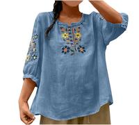 Keepink 3/4 Sleeve Linen Tops for Women UK Retro Embroidered Boho Blouse Summer Peasant Shirts Trendy Dressy Casual Mexican Top Loose Tunic Tshirts Vacation Clothes Plus Size