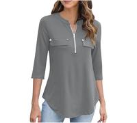 Keepink 3/4 Sleeve Top Women V Neck Zip Pullover Shirts Elegant T Shirts Business Casual Dressy Blouses Curved Hem Tunic Tops to Wear with Leggings Work Office Shirt UK Size 8-16