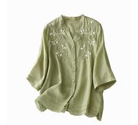 Keepink 3/4 Sleeve Tops for Women UK Dressy Casual Linen Shirts Elegant Embroidery Button Down Blouse V Neck Tunic T Shirt Loose Boho Mexican Shirt Ladies Summer Clothes Clearance