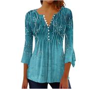 Keepink 3/4 Sleeve Tops for Women UK Pleated V-Neck Henley Shirts Elegant Floral Print Blouse Summer Casual Tees Trendy Ruffled Sleeve Dressy T-Shirts Loose Tunic Top for Legging