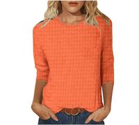 Keepink 3/4 Sleeve Tops for Women UK T Shirts Waffle Knit Tunic Top Solid Dressy Casual Shirts Crewneck T-Shirts Basic Pullover Tees Summer Fall Blouse Loose Fit Ladies Tshirts Size 8-18
