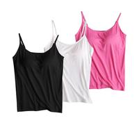 Keepink 3 Pack Camisole Tops for Women Built in Bra Adjustable Spaghetti Strap Tank Top Stretch Cotton Undershirts with Shelf Bra Sleeveless Cami Vests for Yoga Gym Workout Everyday