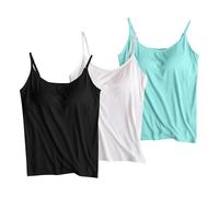 Keepink 3 Pack Camisole Tops for Women Built in Bra Adjustable Spaghetti Strap Tank Top Stretch Cotton Undershirts with Shelf Bra Sleeveless Cami Vests for Yoga Gym Workout Everyday