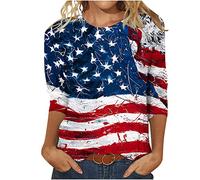 Keepink 4th July Independence Day Shirts for Women 3/4 Sleeve Loose Tops American Flag Shirt Patriotic T-Shirt Funny USA Star Stripes Shirt Red White Blue Graphic Tees Tshirts