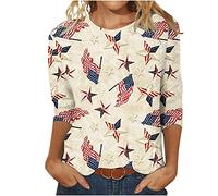Keepink 4th July Independence Day Shirts for Women 3/4 Sleeve Loose Tops American Flag Shirt Patriotic T-Shirt Funny USA Star Stripes Shirt Red White Blue Graphic Tees Tshirts